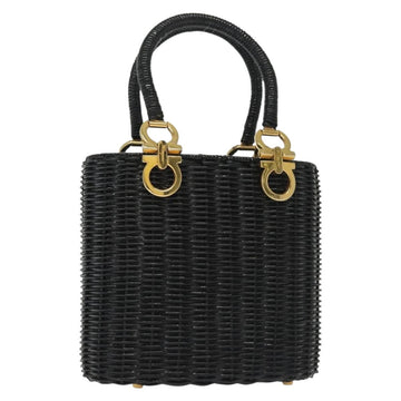 Salvatore Ferragamo Gancini Hand Bag Rattan Black Gold Auth 138876A