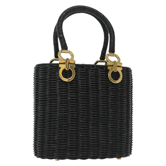 Salvatore Ferragamo Gancini Hand Bag Rattan Black Gold Auth 138876A