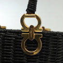 Salvatore Ferragamo Gancini Hand Bag Rattan Black Gold Auth 138876A-10