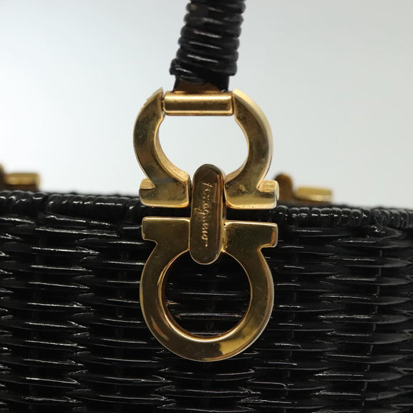 Salvatore Ferragamo Gancini Hand Bag Rattan Black Gold Auth 138876A