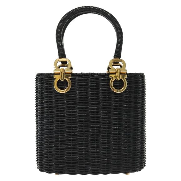 Salvatore Ferragamo Gancini Hand Bag Rattan Black Gold Auth 138876A