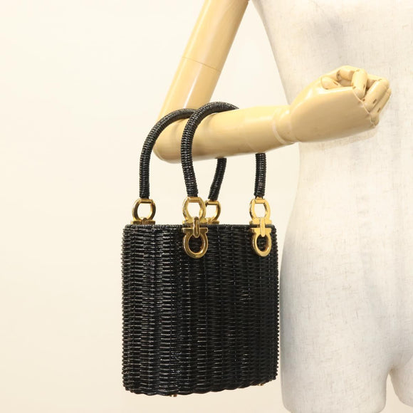 Salvatore Ferragamo Gancini Hand Bag Rattan Black Gold Auth 138876V