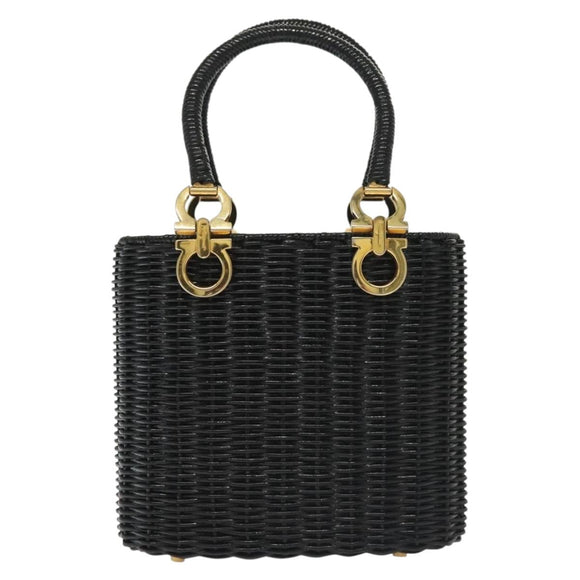 Salvatore Ferragamo Gancini Hand Bag Rattan Black Gold Auth 138876A