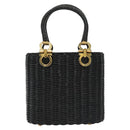 Salvatore Ferragamo Gancini Hand Bag Rattan Black Gold Auth 138876V-2