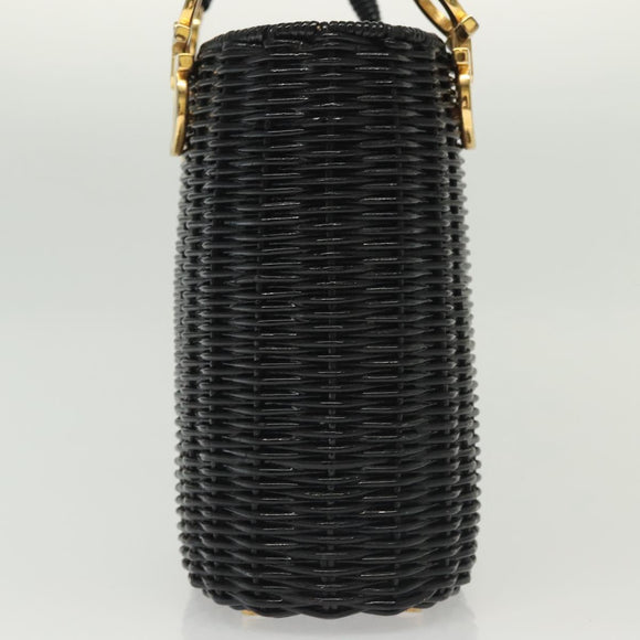 Salvatore Ferragamo Gancini Hand Bag Rattan Black Gold Auth 138876A