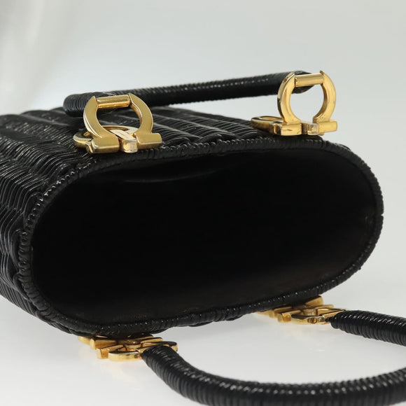 Salvatore Ferragamo Gancini Hand Bag Rattan Black Gold Auth 138876A