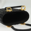 Salvatore Ferragamo Gancini Hand Bag Rattan Black Gold Auth 138876V-6