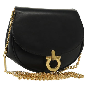 Salvatore Ferragamo Gancini Chain Shoulder Bag Leather Black Gold Auth 138877