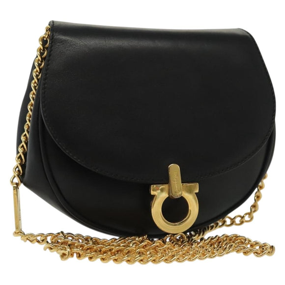 Salvatore Ferragamo Gancini Chain Shoulder Bag Leather Black Gold Auth 138877