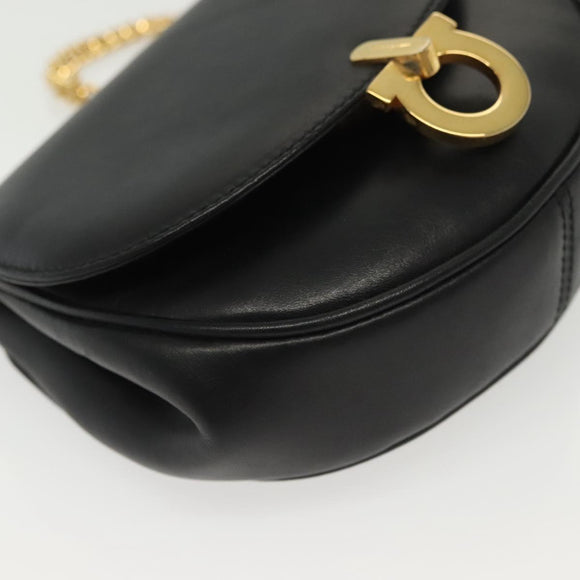 Salvatore Ferragamo Gancini Chain Shoulder Bag Leather Black Gold Auth 138877