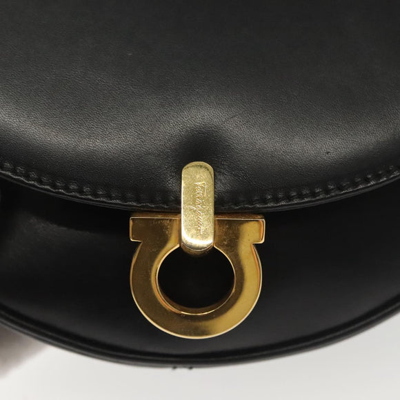 Salvatore Ferragamo Gancini Chain Shoulder Bag Leather Black Gold Auth 138877