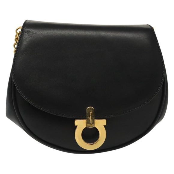 Salvatore Ferragamo Gancini Chain Shoulder Bag Leather Black Gold Auth 138877