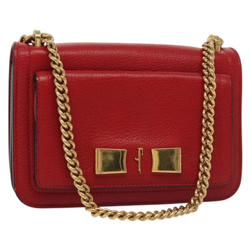 Salvatore Ferragamo Chain Vala Shoulder Bag Leather Red Gold Auth 138878