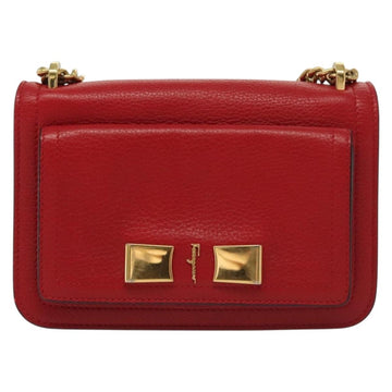 Salvatore Ferragamo Chain Vala Shoulder Bag Leather Red Gold Auth 138878 - 0