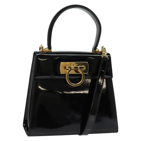 Salvatore Ferragamo Gancini Hand Bag Enamel 2way Black Gold Auth 138879