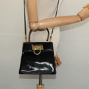 Salvatore Ferragamo Gancini Hand Bag Enamel 2way Black Gold Auth 138879-23