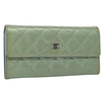 CHANEL Matelasse Long Wallet Enamel Green Silver CC Auth 138942