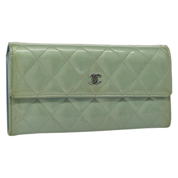 CHANEL Matelasse Long Wallet Enamel Green Silver CC Auth 138942