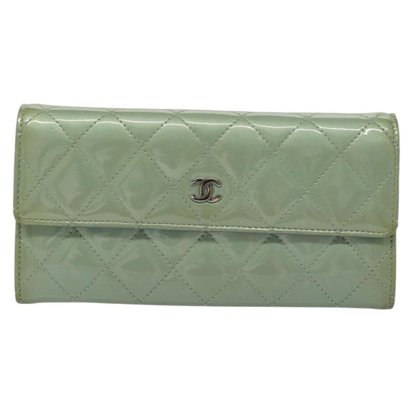 CHANEL Matelasse Long Wallet Enamel Green Silver CC Auth 138942