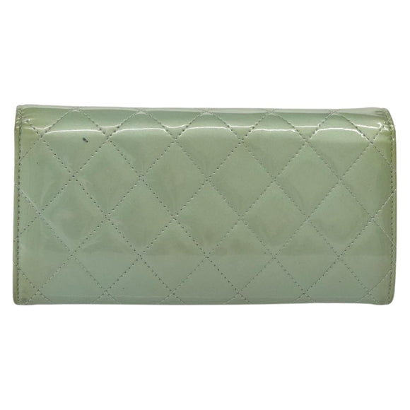 CHANEL Matelasse Long Wallet Enamel Green Silver CC Auth 138942
