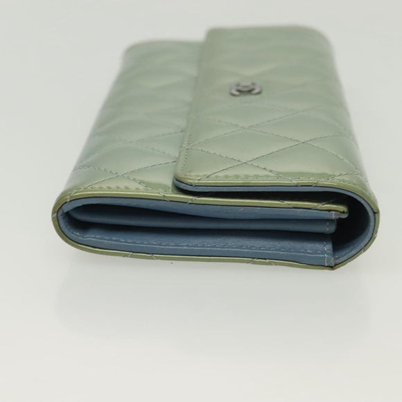 CHANEL Matelasse Long Wallet Enamel Green Silver CC Auth 138942