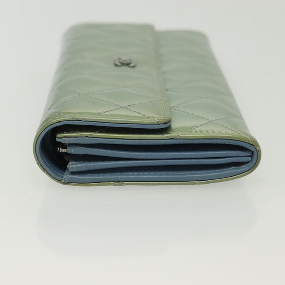 CHANEL Matelasse Long Wallet Enamel Green Silver CC Auth 138942