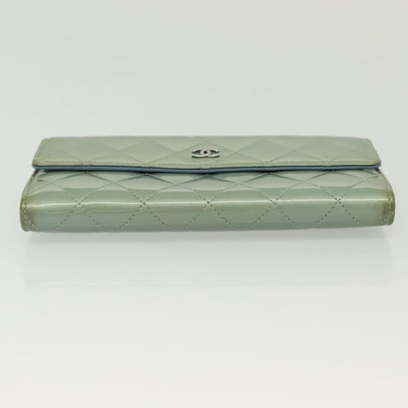CHANEL Matelasse Long Wallet Enamel Green Silver CC Auth 138942