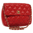 CHANEL Matelasse Chain Shoulder Bag Lamb Skin Red Gold CC Auth 138974-1