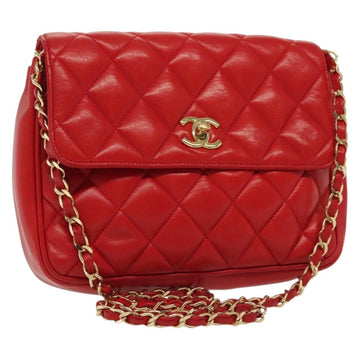 CHANEL Matelasse Chain Shoulder Bag Lamb Skin Red Gold CC Auth 138974