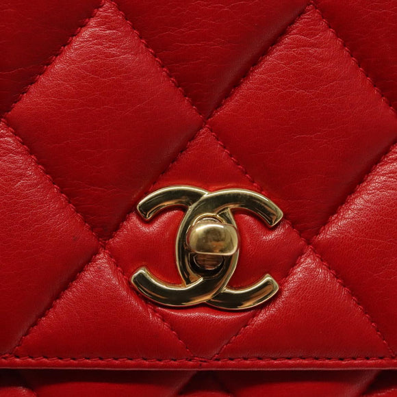 CHANEL Matelasse Chain Shoulder Bag Lamb Skin Red Gold CC Auth 138974