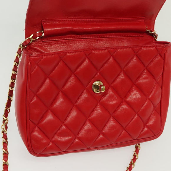 CHANEL Matelasse Chain Shoulder Bag Lamb Skin Red Gold CC Auth 138974