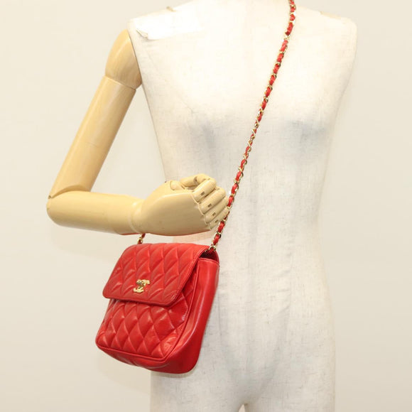 CHANEL Matelasse Chain Shoulder Bag Lamb Skin Red Gold CC Auth 138974