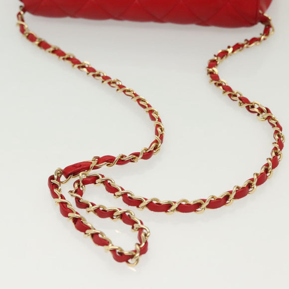 CHANEL Matelasse Chain Shoulder Bag Lamb Skin Red Gold CC Auth 138974