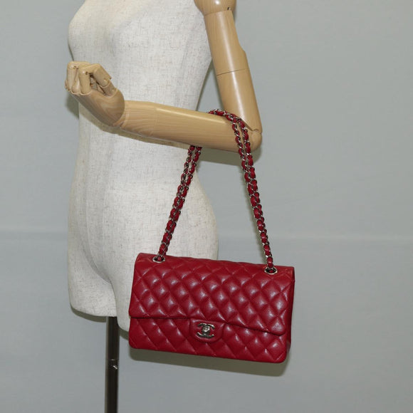 CHANEL Matelasse Chain Shoulder Bag Caviar Skin Red Silver CC Auth 138977M