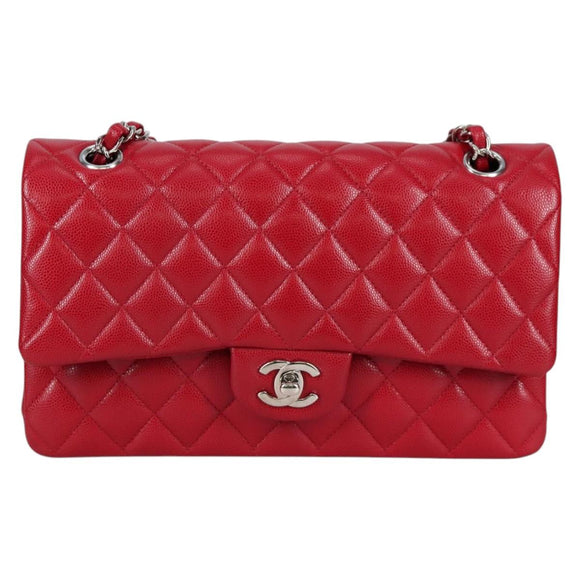 CHANEL Matelasse Chain Shoulder Bag Caviar Skin Red Silver CC Auth 138977M