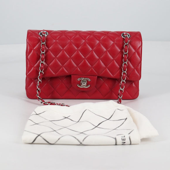 CHANEL Matelasse Chain Shoulder Bag Caviar Skin Red Silver CC Auth 138977M