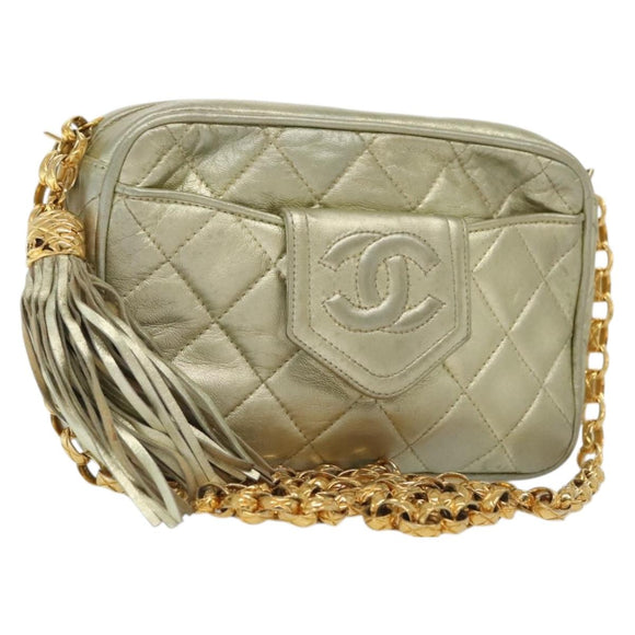 CHANEL Matelasse Chain Shoulder Bag Lamb Skin Champagne Gold CC Auth 138978