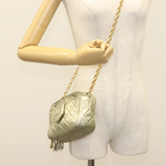 CHANEL Matelasse Chain Shoulder Bag Lamb Skin Champagne Gold CC Auth 138978