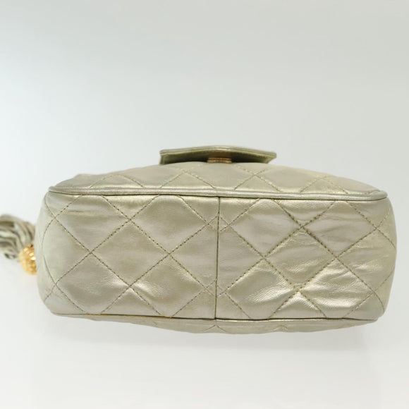 CHANEL Matelasse Chain Shoulder Bag Lamb Skin Champagne Gold CC Auth 138978