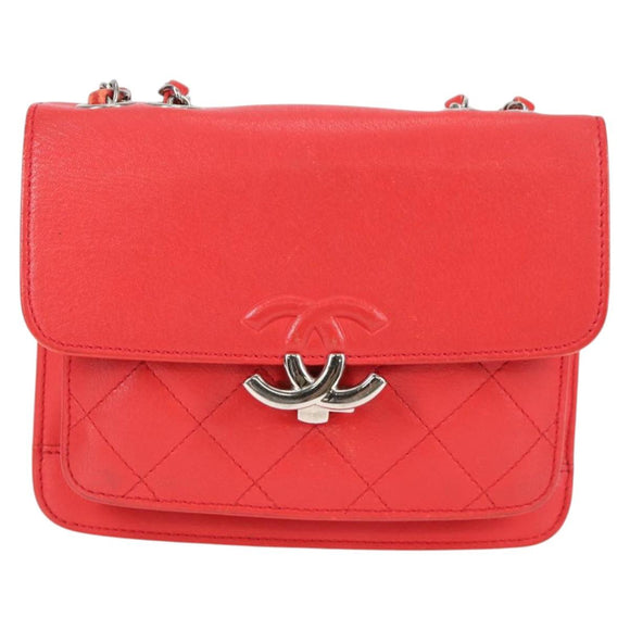CHANEL Matelasse Chain Shoulder Bag Leather Red Silver CC Auth 138980A