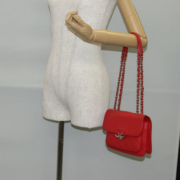 CHANEL Matelasse Chain Shoulder Bag Leather Red Silver CC Auth 138980A