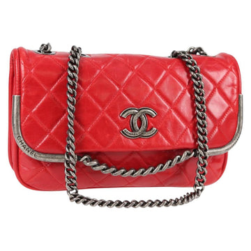 CHANEL Matelasse Chain Shoulder Bag Leather Red Silver CC Auth 138982A