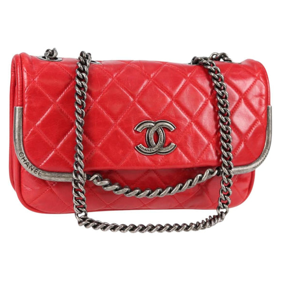 CHANEL Matelasse Chain Shoulder Bag Leather Red Silver CC Auth 138982A