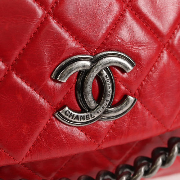 CHANEL Matelasse Chain Shoulder Bag Leather Red Silver CC Auth 138982A