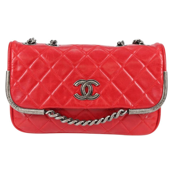 CHANEL Matelasse Chain Shoulder Bag Leather Red Silver CC Auth 138982A