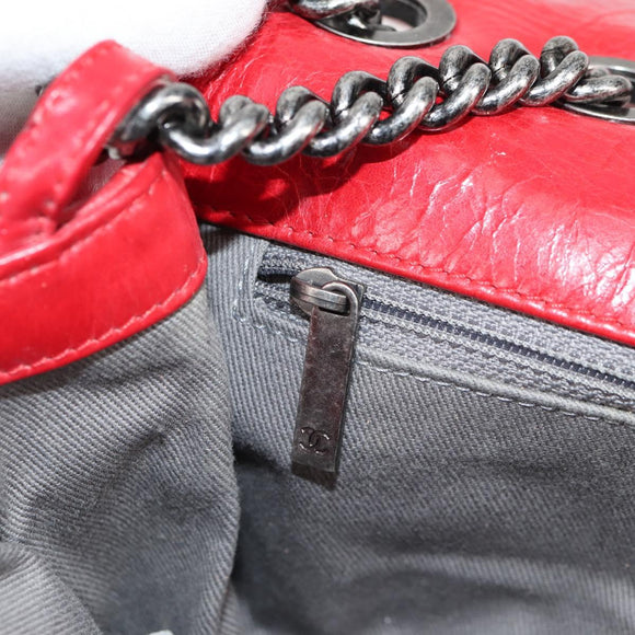 CHANEL Matelasse Chain Shoulder Bag Leather Red Silver CC Auth 138982A
