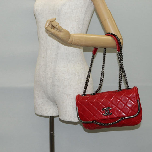 CHANEL Matelasse Chain Shoulder Bag Leather Red Silver CC Auth 138982A