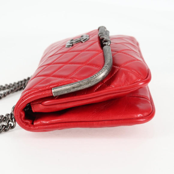 CHANEL Matelasse Chain Shoulder Bag Leather Red Silver CC Auth 138982A