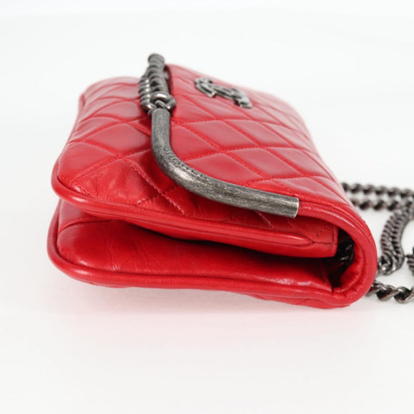 CHANEL Matelasse Chain Shoulder Bag Leather Red Silver CC Auth 138982A