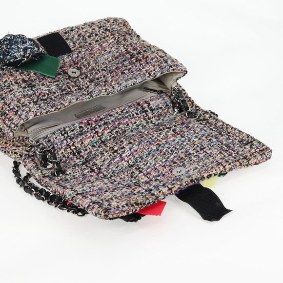 CHANEL Matelasse Camellia Chain Bag Tweed Multicolor Silver CC Auth 138988SM